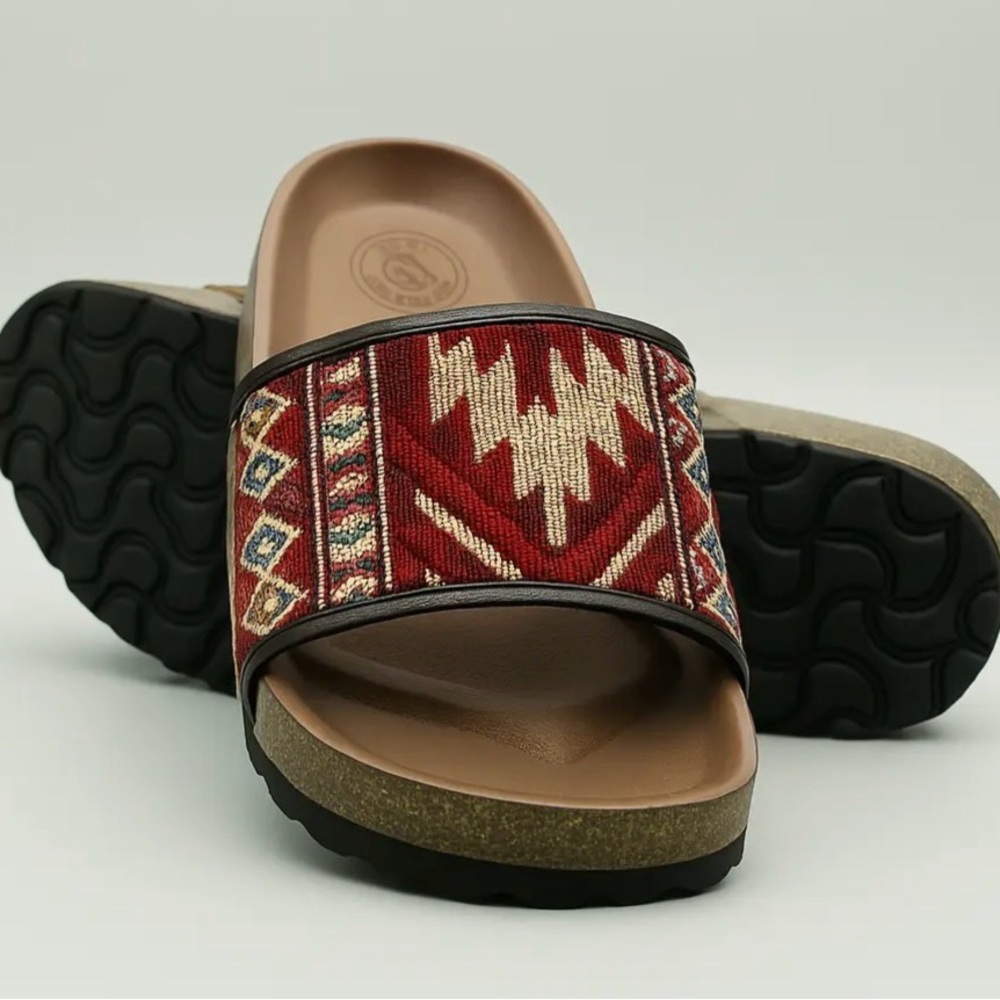 African Print Cork Footbed Slide Sandals, Boho Summer Open Toe Comfort Slides